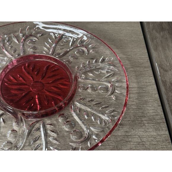 Vintage Cranberry Cut Glass Platter 3 Divided Sections 11.5” - Picture 4 of 7